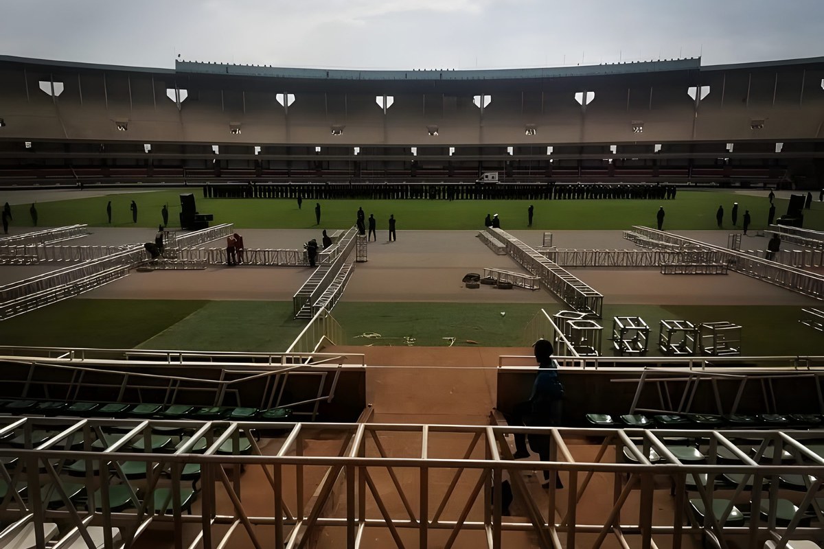 MoSound stage and truss structures being built inside a stadium