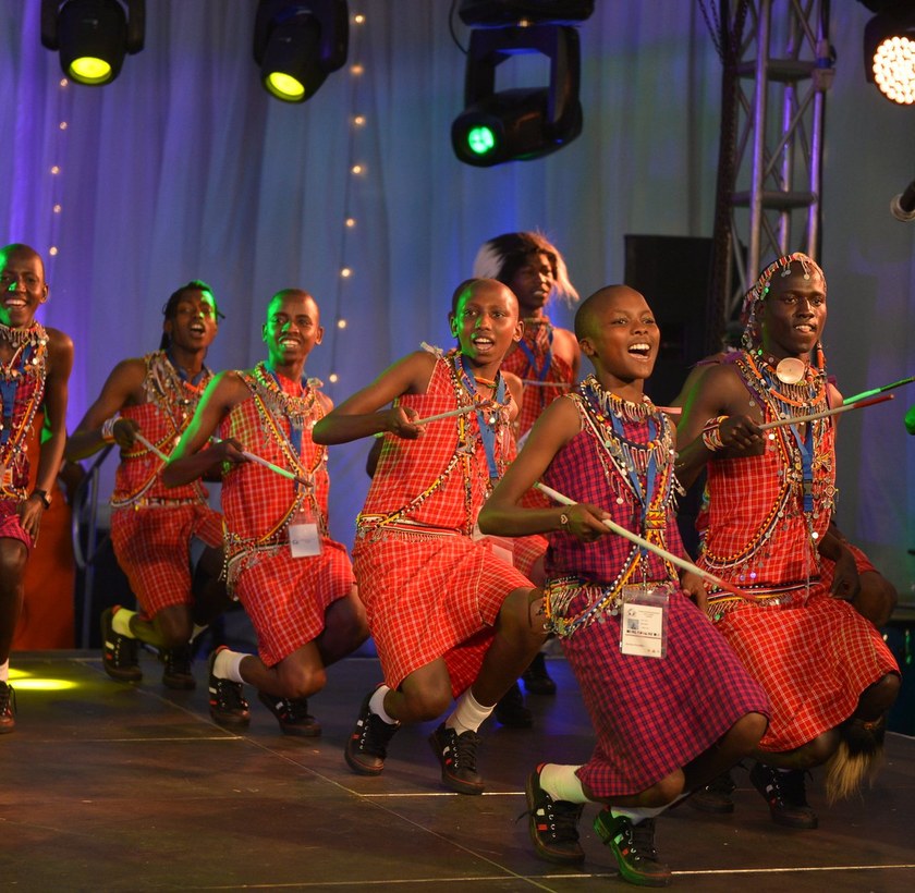 Maasai dancers performing under the stage lighting rig at GES 2015